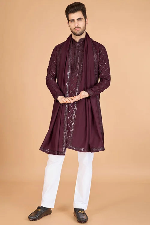Designer Maroon Viscose Silk Men's Kurta Online