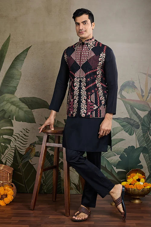 Black Viscose Silk Indian Designer Kurta With Koti For Men