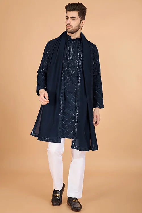 Navy Color Kurta With Dupatta For Mens Wear