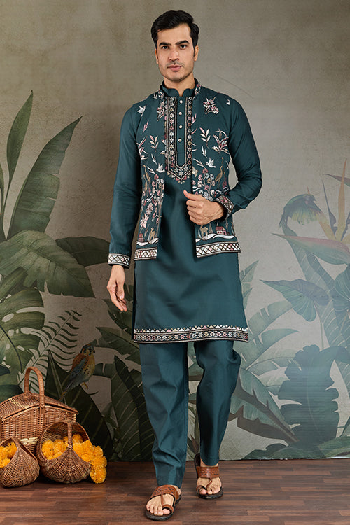 Green Open Koti Style Kurta Pajama Set For Men