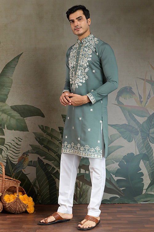 Pastel Pista Viscose Silk Embroidered Kurta For Men