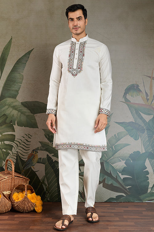 White Open Koti Style Full Kurta Pajama Set For Men