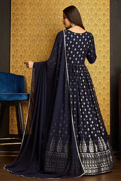 Attractive Navy Blue Foil Work Georgette Reception Wear Gown With Dupatta