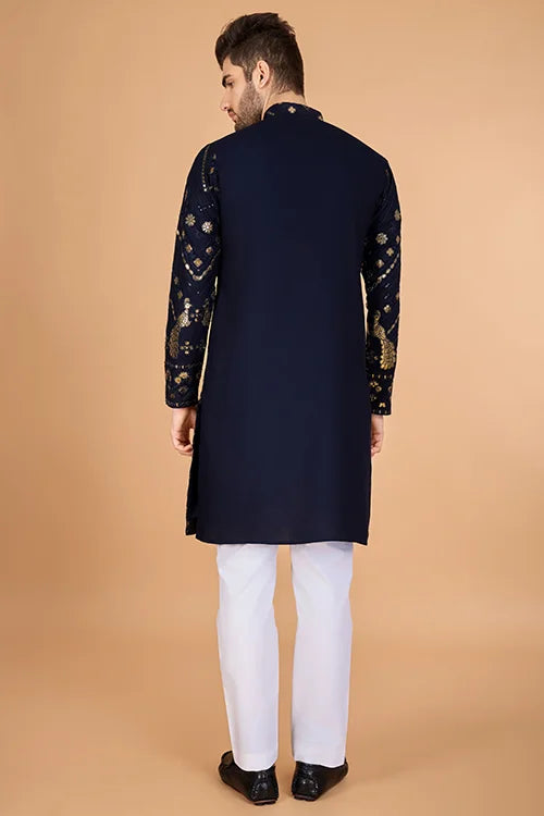 Navy Silk Embroidered Work Designer Men's Wear Kurta