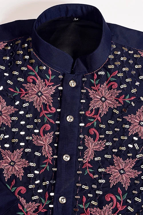 Wedding Special Navy Blue Embroidered Mens Kurta Set