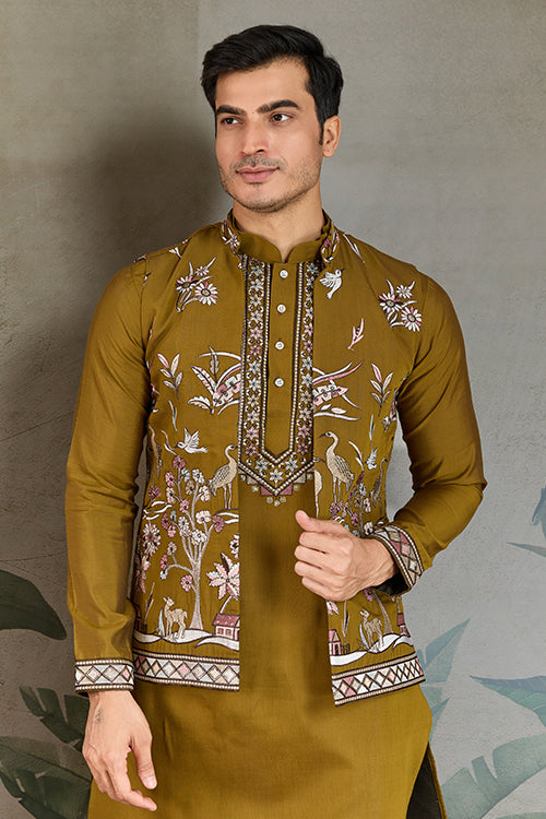 Wedding Special Golden Olive Kurta Pajama With Open Koti For Men