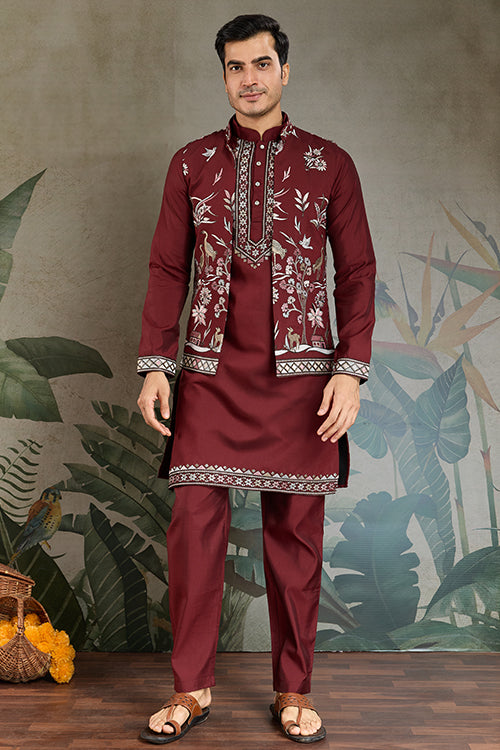 Wedding Special Maroon Jacket Style Kurta Pajama Full Set