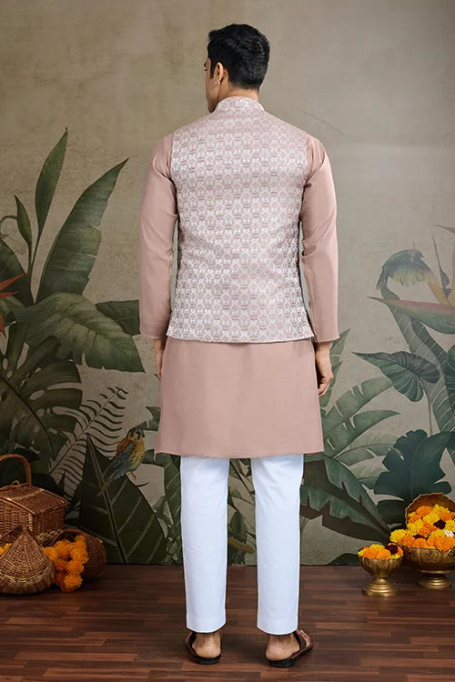 Ivory Roman Silk Kurta With Jacquard Koti Jacket