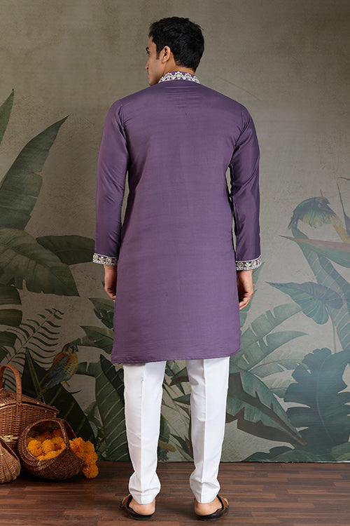 Pastel Purple Embroidered Viscose Silk Kurta Set