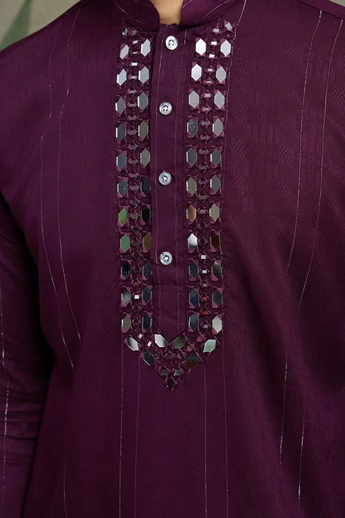Purple Viscose Rayon Kurta With Jari & Mirror Work