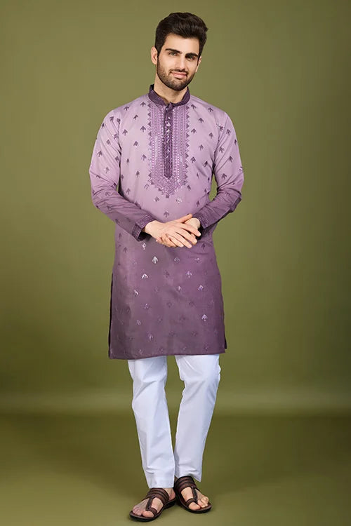 Designer Men's Omber Purple Kurta In Viscose Silk