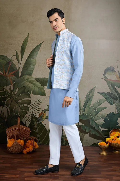 Traditional Sky Kurta Set With Koti Jacket
