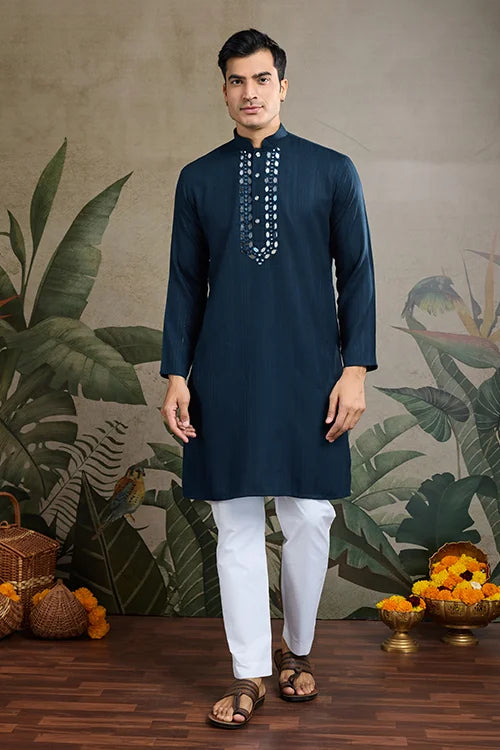 Teal Blue Viscose Rayon Kurta With Mirror Work