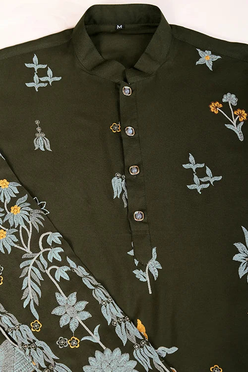 Olive Viscose Rayon Designer Men's Kurta For Festive