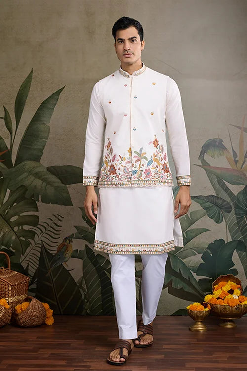 Designer White Kurta With Embroidered Koti – Elegant Style