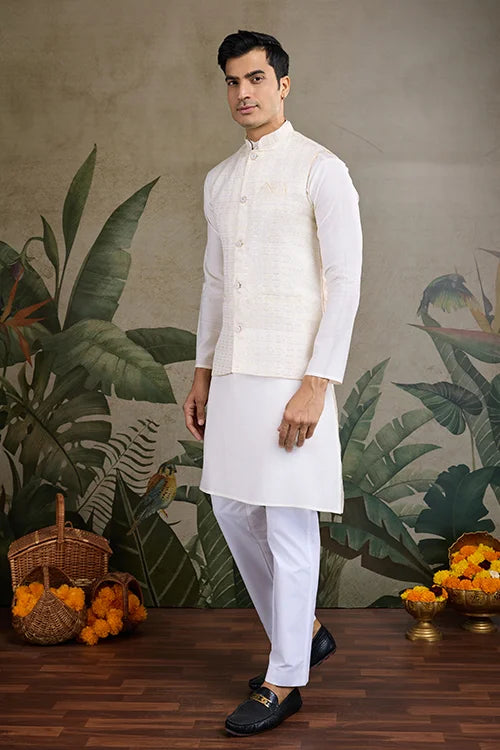 Off White Silk Kurta With Jacquard Koti Jacket