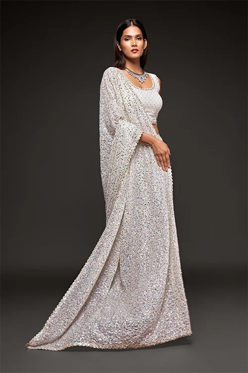 Bollywood Designer Pearl White Georgette Silk Saree Online