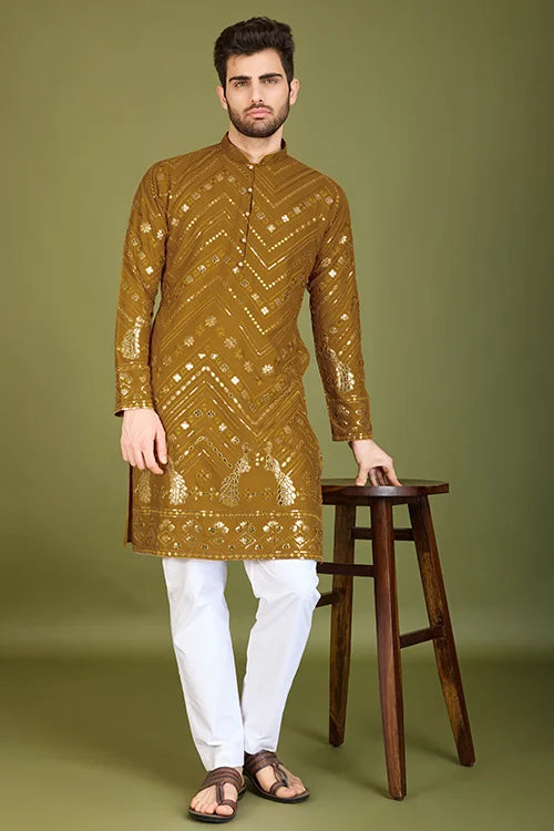 Traditional Embroidered Yellow Silk Kurta For Men