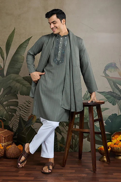 Silk Party Wear Rust Green Jari Work Kurta & Dupatta For Men's