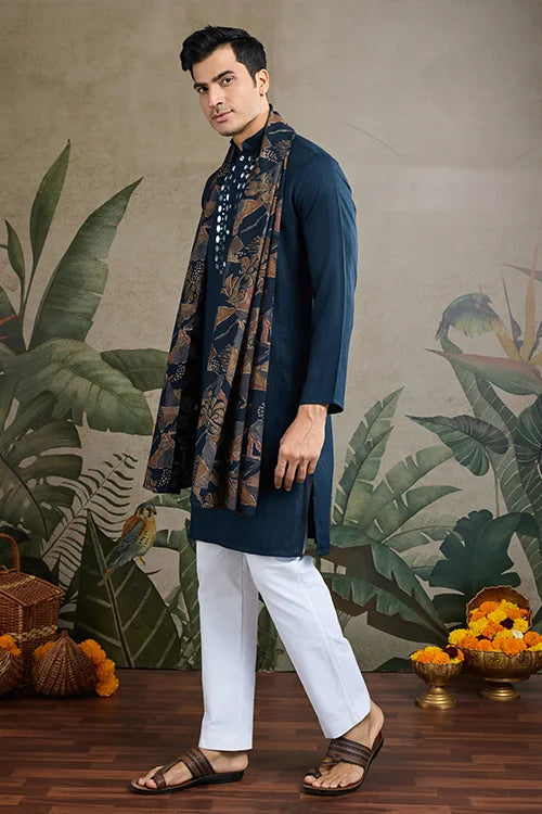 Teal Blue Viscose Rayon Kurta With Mirror Work