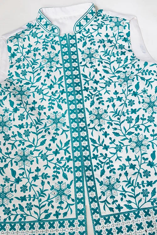 Traditional White Kurta with Teal Green Koti for Men