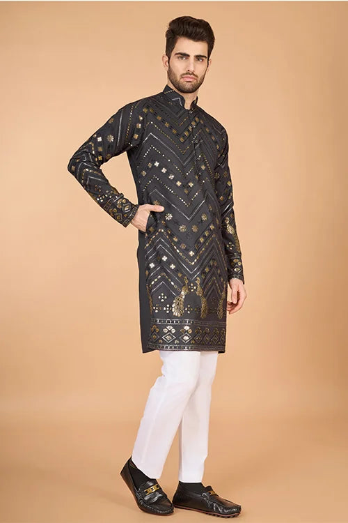 Traditional Cement Grey Silk Kurta With Thread Work