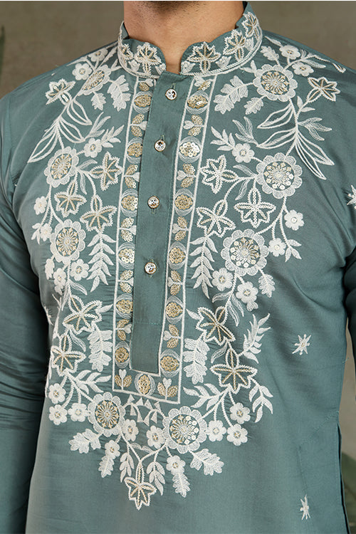 Pastel Pista Viscose Silk Embroidered Kurta For Men