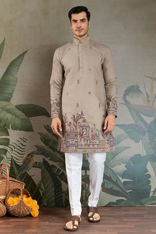 Traditional Ivory Embroidered Kurta Dupatta With Pajama