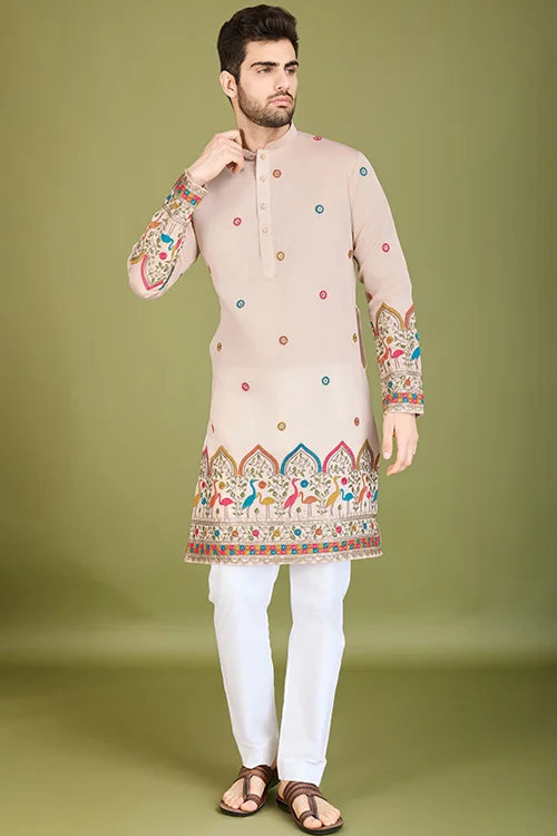 Designer Ivory Viscose Silk Men's Kurta Collection