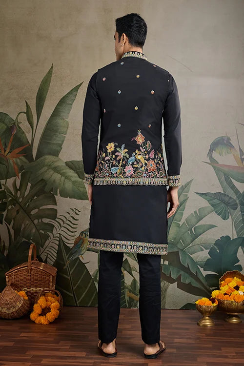 Designer Black Cotton Kurta With Embroidered Koti
