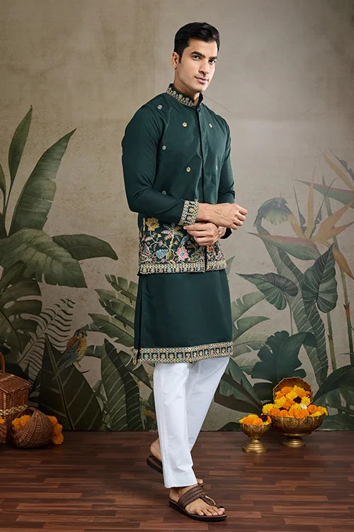 Stylish Green Men's Kurta Koti Set – Elegant & Trendy