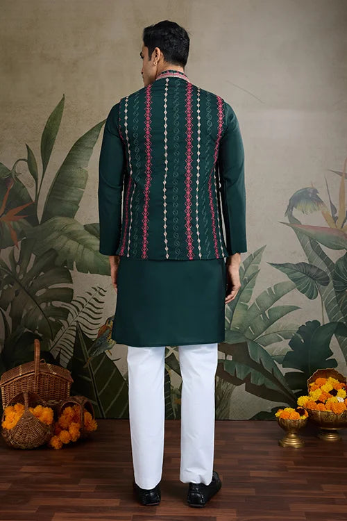 Designer And Stylish Green Men's Kurta Koti Set For Men