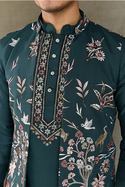 Green Open Koti Style Kurta Pajama Set For Men