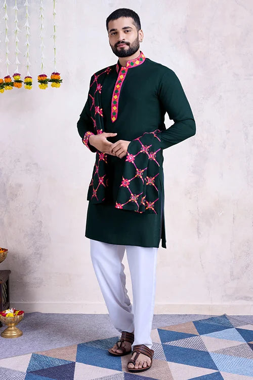 Green Color Men's Wear Embroidered Kurta with Dupatta Collection