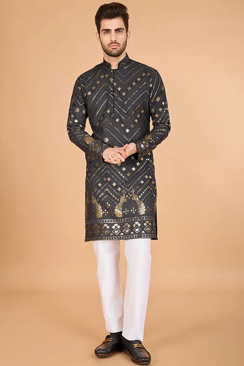 Traditional Cement Grey Silk Kurta With Thread Work