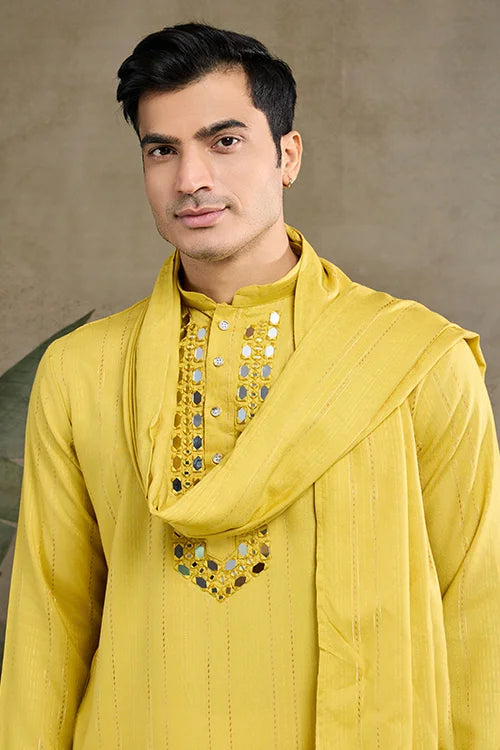 Stylish Look Perfect Haldi Yellow Color Men's Kurta with Dupatta