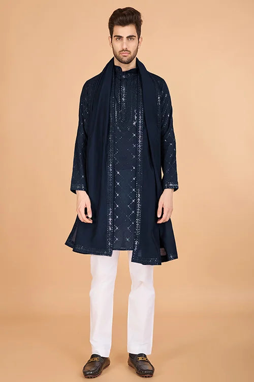 Navy Color Kurta With Dupatta For Mens Wear