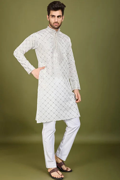 Designer White Viscose Silk Men's Kurta – Elegant Wedding Attire