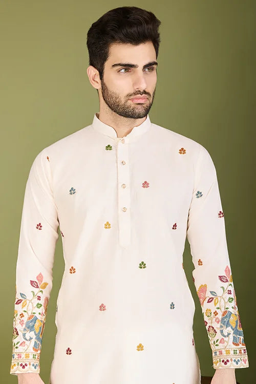 White Cotton Embroidered Sequins And Zari Work Kurta Men's Wear