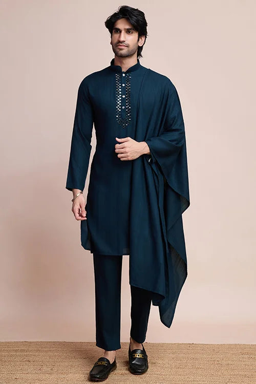 Teal Blue Designer Kurta Set With Mirror Work For Men