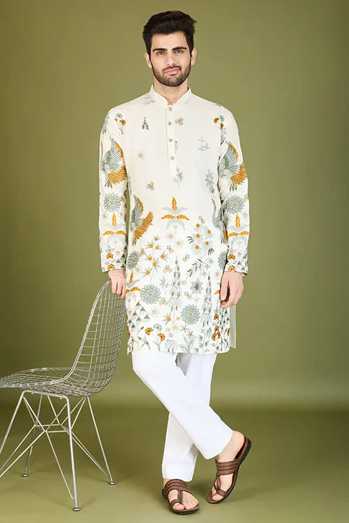 Designer White Sequence Embroidered Gents Kurta