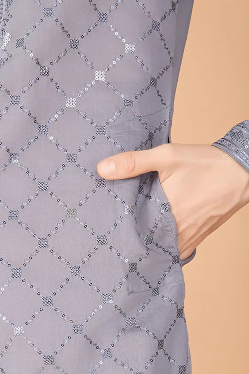 Designer Gray Silk Kurta For Men – Elegant Festive Wear