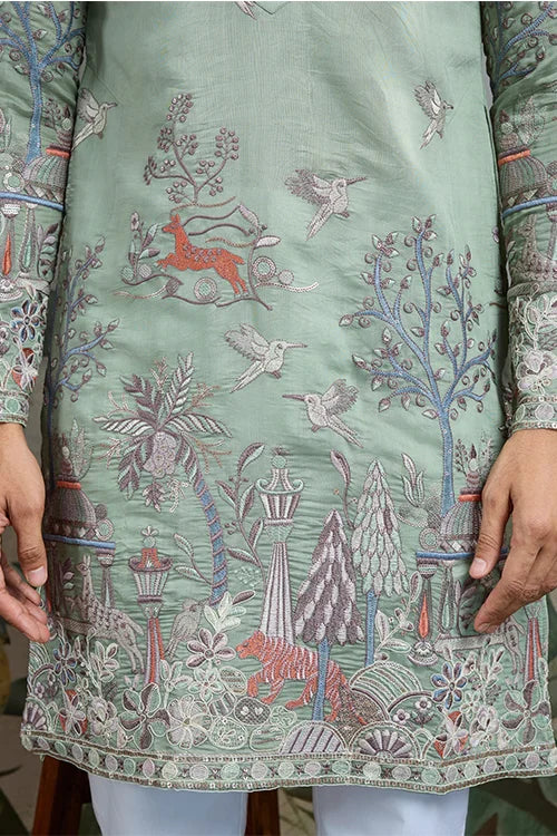 Designer Pista Green Viscose Silk Fancy Kurtas For Men