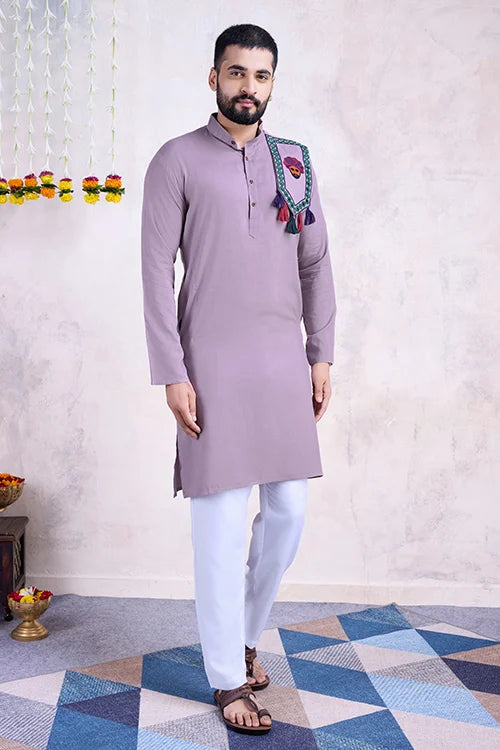 Dusty Purple Color Real Mirror Work Navratri Special Mens Kurta Collection