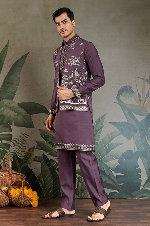 Traditional Rust Purple Kurta Pajama With Stylish Open Jacket