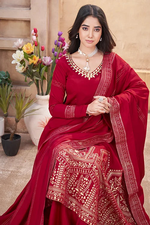 Red Roman Silk Salwar Suit With Hand Mirror Work