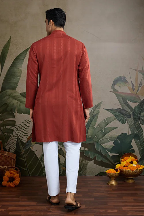 Rust Orange Viscose Silk Kurta With Mirror Work