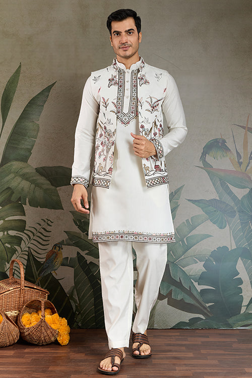White Open Koti Style Full Kurta Pajama Set For Men