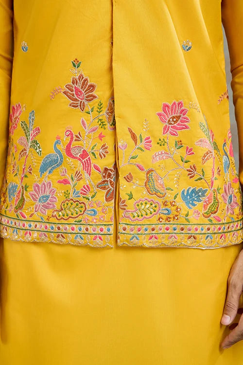 Designer Yellow Cotton Kurta With Koti Jacket Online