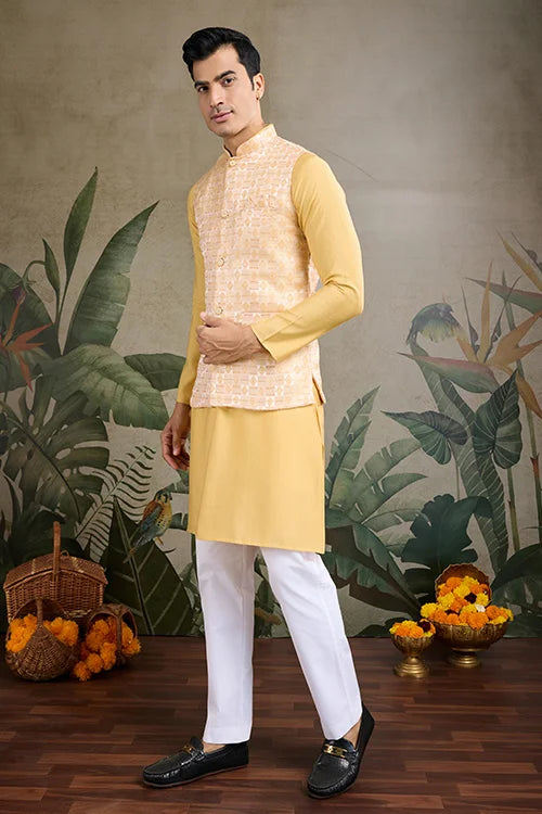 Yellow Roman Silk Kurta With Jacquard Koti Jacket